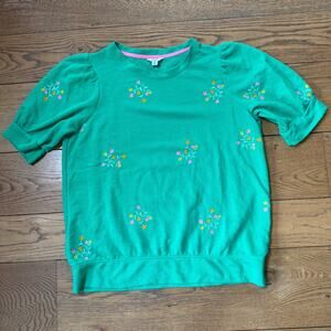 Crown & Ivy Women Embroidered Sweatshirt XL Short Puff Sleeve Preppy Green Pink